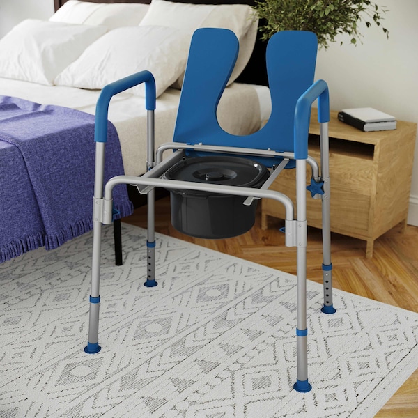 Flash Furniture Hercules Blue Shower Commode Chair with Safety Rail, Height Adjustable Frame, Padded Seat & Armrests DC-HY6458L-BL-GG - main